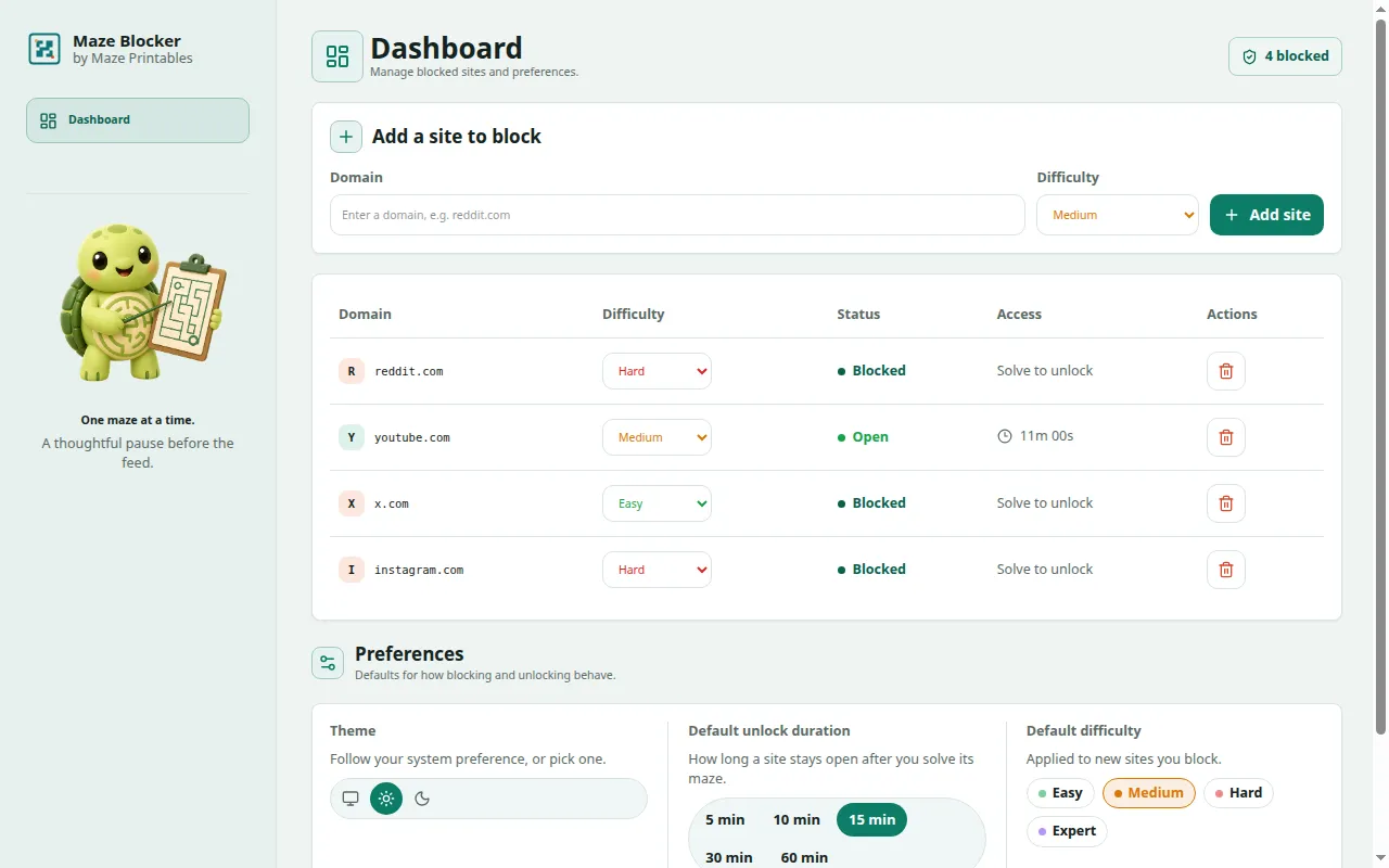 Maze Blocker dashboard showing a blocklist and per-site difficulty controls