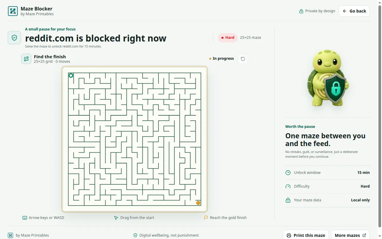 Maze Blocker challenge screen with a maze ready to solve